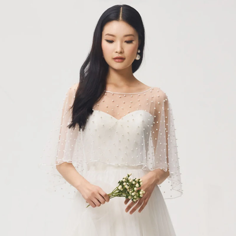 YouLaPan G27 Pearls Bridal Cape Cloak Cover over the Shoulder Wedding Shawl Short Front Long Back Elegant DIY Wedding Shawl