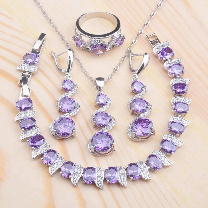 

Amazing Purple Crystal For Women Silver Color Jewelry Sets Bracelet Necklace Pendant Earrings Ring Free Gift Box QS0140