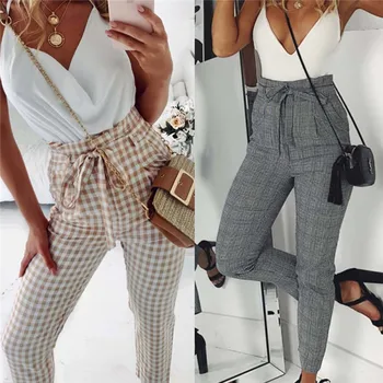 

2019 Newest Hot Plaid Harem Pants Women Casual Sweatpants Jogger Fahion Bandage Ruffle High Waist Ankle Length Pants Trousers