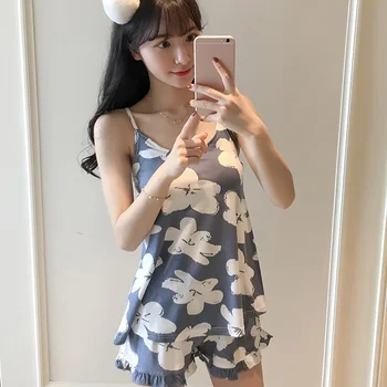 

Summer Comfortable Pajama Sets Women Girls Pineapple Printed Sleepwear Padded Camisole Tops + Shorts Two Piece Set Plus Size