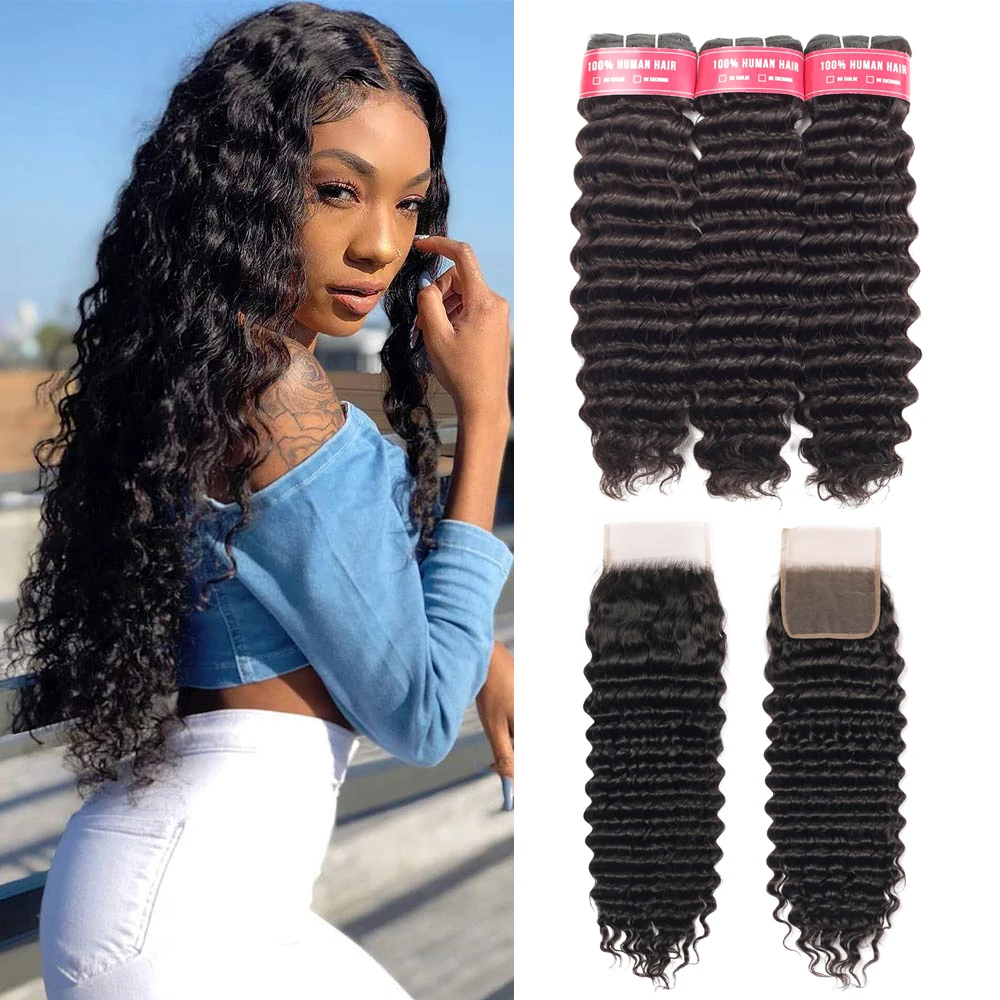 Mongolian Deep Wave Curly Human Hair Bundles With Closure Hair Extensions 3bundles With Closure Remy Curly Bundles With Closure 3 4 Bundles With Closure Aliexpress