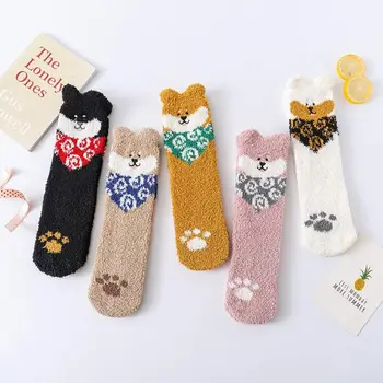 

Womens Winter Fuzzy Plush Slipper Socks Cute 3D Ears Dog Coral Velvet Hosiery