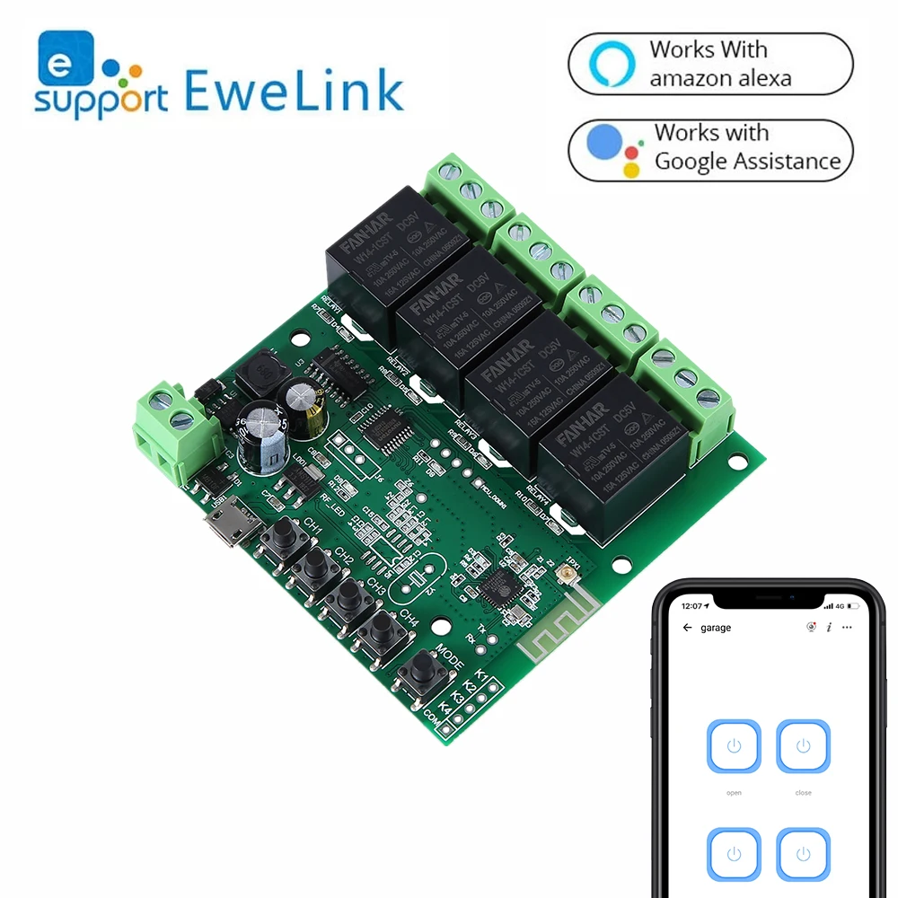 Wifi inteligente interruptor 4 módulo de canal de relé 12V temporizador aplicación Ewelink Control remoto inalámbrico empujando de auto-bloqueo Alexa de Google