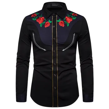 

Fashion Men's Shirt Autumn Muslim Shirt Rose Embroidery Long Sleeve Shirt Cotton Solid Color Casual Blouses African Dresses