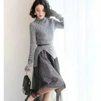 

2020 autumn and winter new knitted sweater + plaid skirt women's autumn fashion sweater mid-length 2 piece set