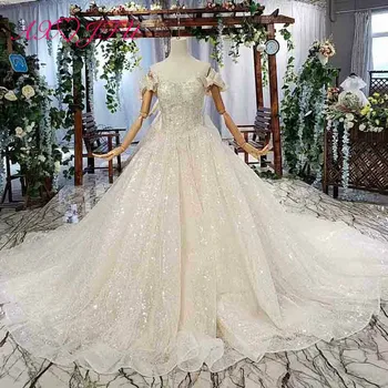 

AXJFU luxury princess beading crystal flower white lace wedding dress vintage boat neck bride sparkly tail wedding dress 2410