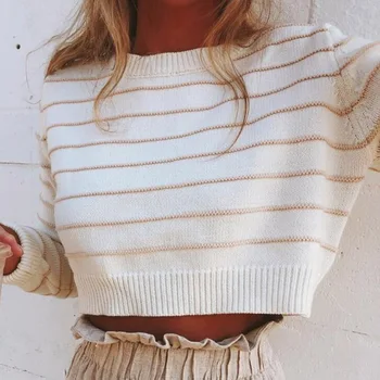 

Autumn Spring Women's O-Neck Sweater Casual Short Knitted Top Long Sleeve Tops Female Fashion Stripe Pullovers Pull Femme