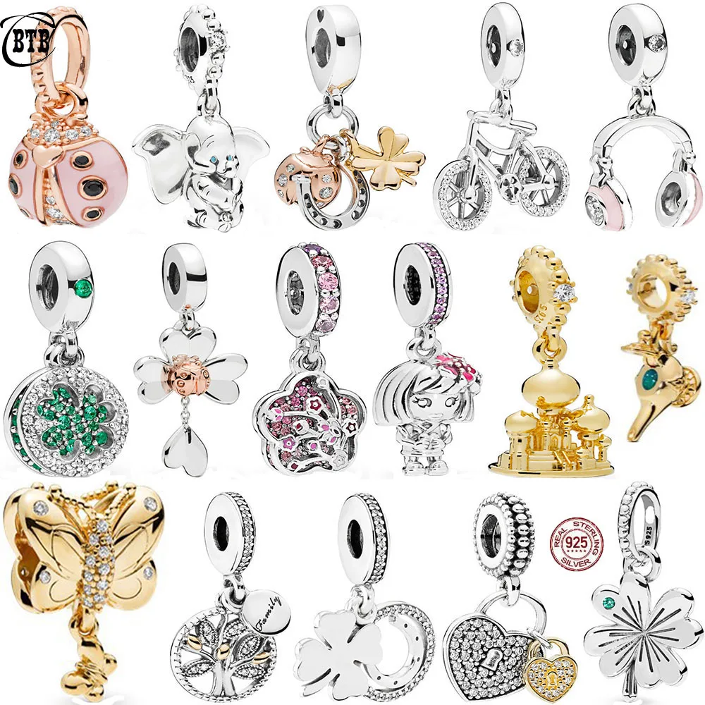 

925 Silver Romantic Blossom Peach Flower Clover Ladybug Love Lock Golden Magic Lamp DIY Charms Beads Fit Bracelet For Women