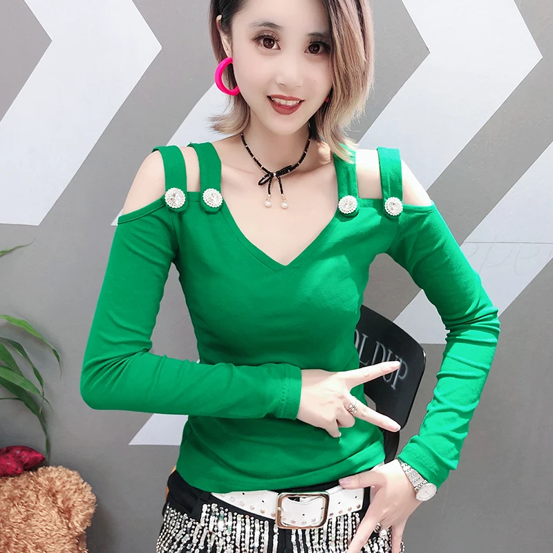

Korean Fashion Sexy Double V-Neck Off Shoulder Tshirt 2019 New Autumn Winter Women Long Sleeve Back Top Camiseta Mujer T98502