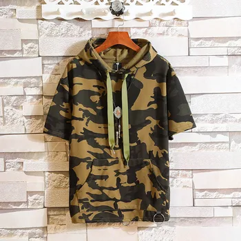 

Summer 2020 Short Sleeves Camouflage Green RED Hoodie Sweatshirt Mens Hip Hop Punk Pullover Streetwear Casual Fashion Clothes