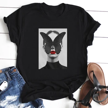 

Black White T-shirts Print Feather Butterfly T-shirts Summer Short Sleeve T-shirts Female Tops for Graphic Tees Women T Shirt