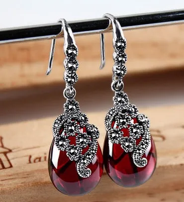 MOONROCY Silver Color Vintage Opal Waterdrop Vintage Dangle Earrings Red Green Crystal for Women Girls Jewelry Dropshipping Gift