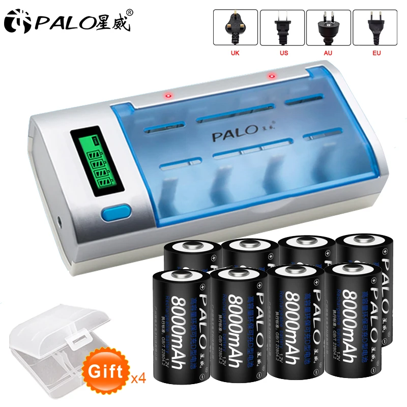 

PALO 8pcs D size rechargeable battery type 1.2V 8000mAh NI-MH + smart fast charging LCD charger for Dsize D size type