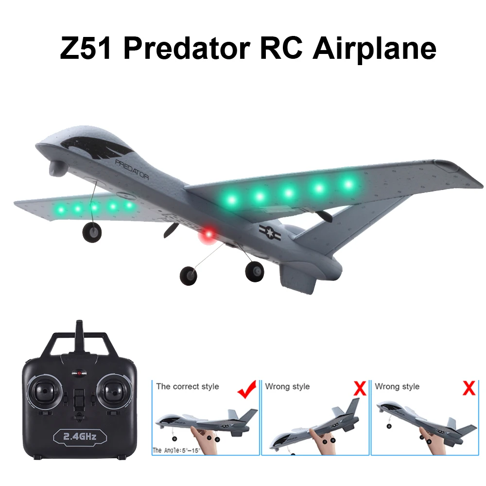 

RC Airplane Plane Z51 20 Minutes Flight Time Glider 2.4G Flying Model with LED Hand Throwing Wingspan Foam Plane Toys for Kids