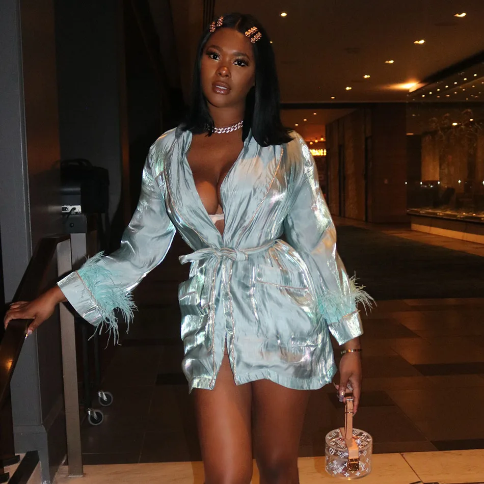 awesome Chic Bow Patchwork Feather Coat Female Long Sleeve Sexy V-Neck Slim Elegant Ladies Jacket Fashion A