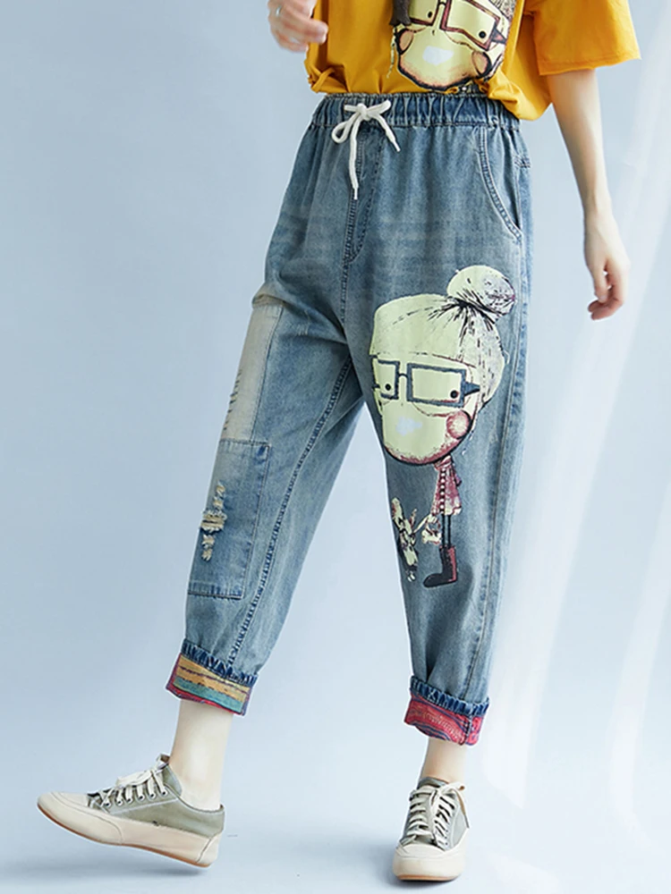 Funny Cartoon Print Jeans Woman Elastic Waist Jeans Boyfriend Trouser Harem Jeans Denim Korean Pant Push Up Vintage Plus Size