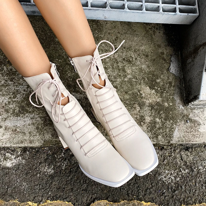 INS HOT Women ankle boots natural leather 22-25.5CM Square toe Outdoor fashion leisure shoes Hollow Wearable in all seasons