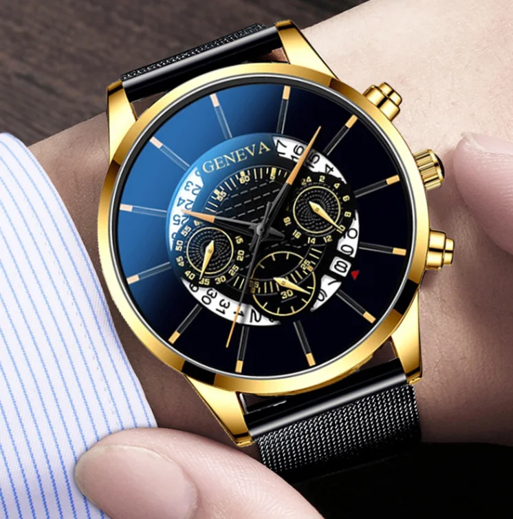 Trendy Business Men Watches Luxury Calendar Blue Dial Stainless Steel Mesh Belt Analog Quartz WristWatch Gift Relogio Masculino