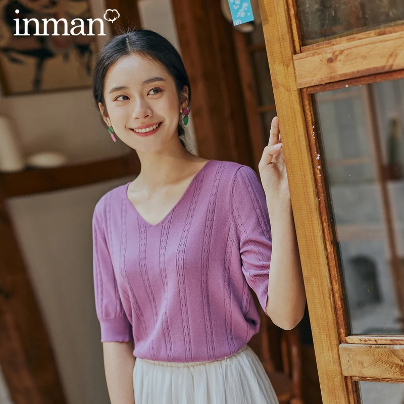 

INMAN 2025 Spring New Arrival Literary Dimple Series V-neck Nipped Waist Show Slimmed Short Sleeve Base Knitwear