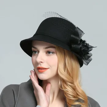 

Vintage Red Wool Felt Hats 2019 Women's Classic Net Yarn Feather Flower Bowler Hat Trendy Fedoras Cap For Lady