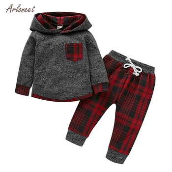 

ARLONEET Cotton baby Boys Girls autumn clothes Long Sleeve Plaid Hoodie Pullover+Pants 2pcs Set kids clothes 2019 winter 6M-3T