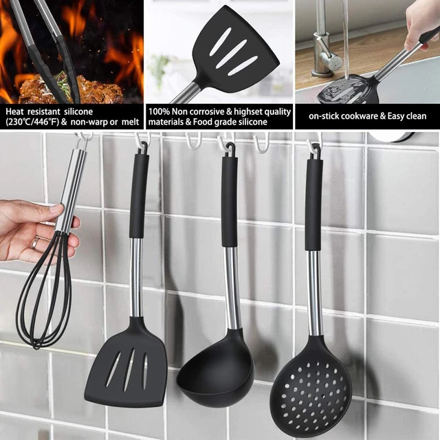 34pcs Silicone Cooking Utensils Set, 446f Heat Resistant Wooden Handle Cooking Kitchen Utensils Spatula Set with Holder for Nonstick Cookware