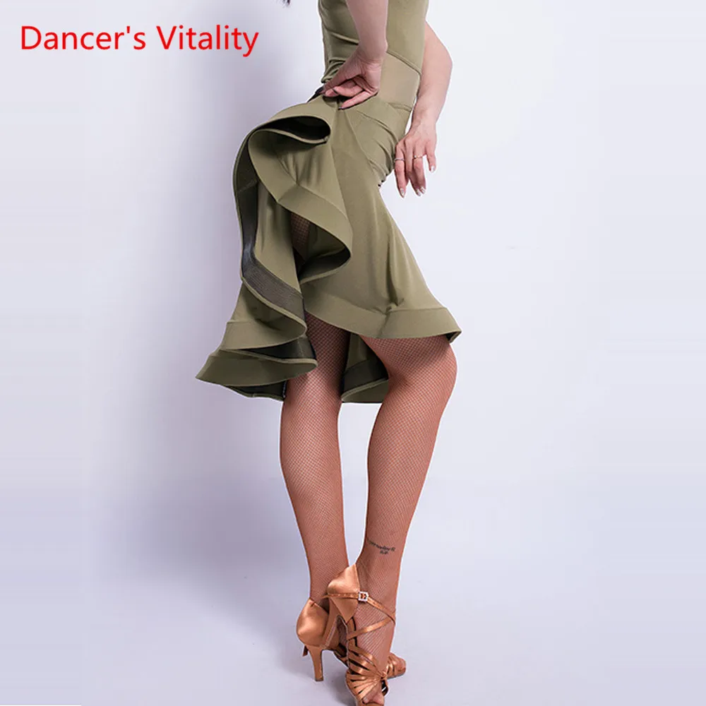 Латинская танцевальная юбка Новая женская юбка для взрослых Зеленая черная сексуальная юбка Латинская танцевальная одежда для танцев румбы Конкурс / Одежда для выступлений