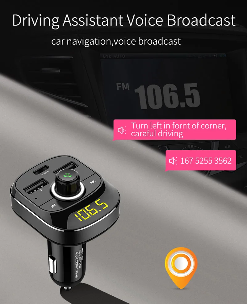 JaJaBor fm-передатчик беспроводной громкой связи Bluetooth автомобильный комплект Двойной USB+ type-C зарядный порт Поддержка TF карты U диск воспроизведения
