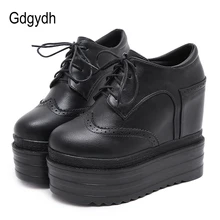 Gdgydh/женские туфли-лодочки винтажные Демисезонные женские туфли на танкетке с круглым носком на высоком каблуке женские туфли на платформе со шнуровкой из двух частей черного цвета