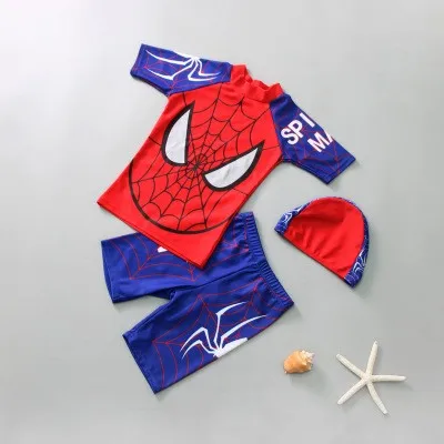 spider Blue Новинка; купальный костюм для маленьких мальчиков с рисунком Человека-паука, Бэтмена; купальный костюм из 3 предметов для мальчиков - Цвет: spider Blue