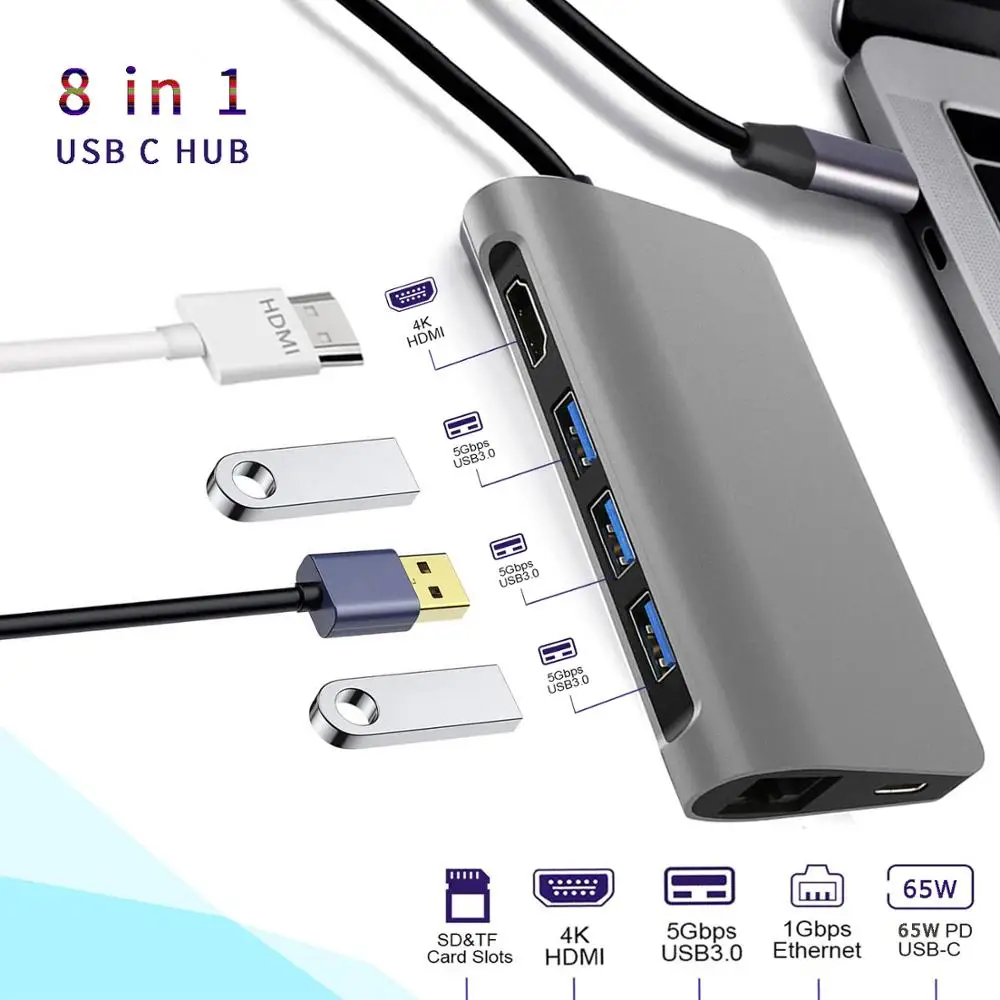 8 в 1 USB C док станции Тип расширить до 4 K UHD HDMI 3 0 Порты SD/TF слот RJ 45 зарядки и разъёмы