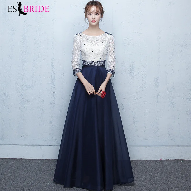 

Elegant Evening Dress Long 2019 ES2742-1 Simple A-line O-neck Half Sleeevs Beading Satin Wedding Party Gowns Vestidos Elegantes