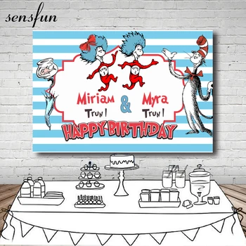 

Sensfun Cat in the Hats Backdrops For Photo Studio Light Blue And White Stripes Twins Kids Happy Birthady Party Backgrounds