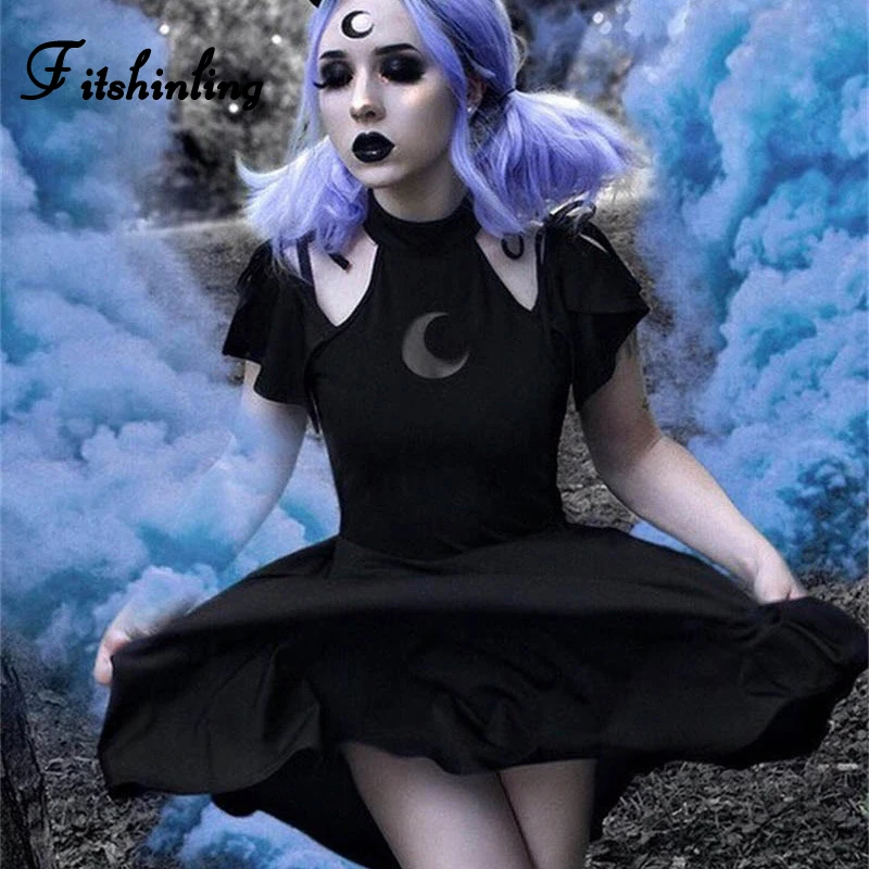 

Fitshinling 2019 Gothic Moon Print Vintage Dress Goth Dark Open Shoulder Cotton Soft Dress Woman Halter Harajuku Cool Dresses
