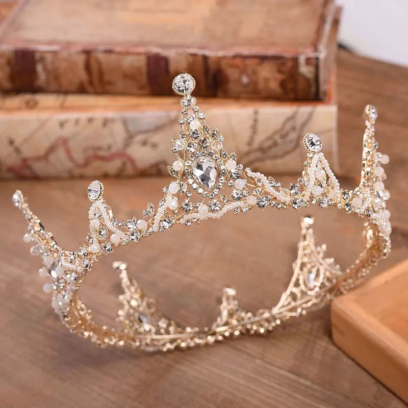 

Baroque Bridal Crown Crystal Beads Full Round Tiara For Women Queen Diadem Wedding Hair Ornaments Jewelry Hair Accessories Ml