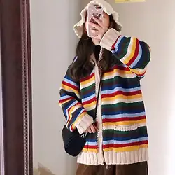 Taotrees осень длинный рукав свободный ленивый полосатый с капюшоном вязаный кардиган свитер женский