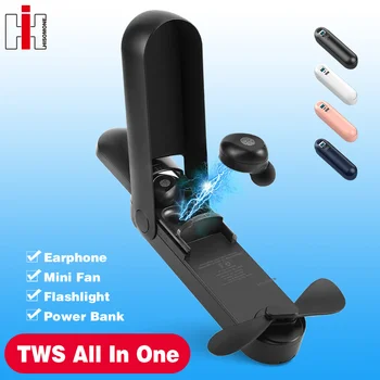 

TWS Bluetooth Earphones 5.0 LED Power Display Wireless Headphones Mini Handheld Fan,Flashlight Portable Power Bank For Phone