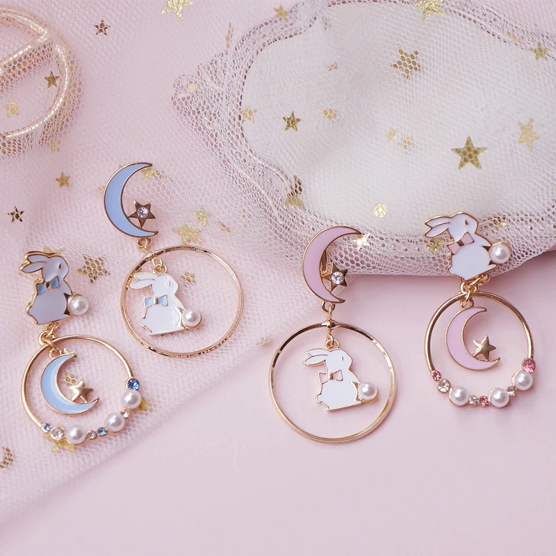 

Japanese sweet soft temperament cute girl heart moon white rabbit animal earrings ear clip Party birthday Jewelry Accessories