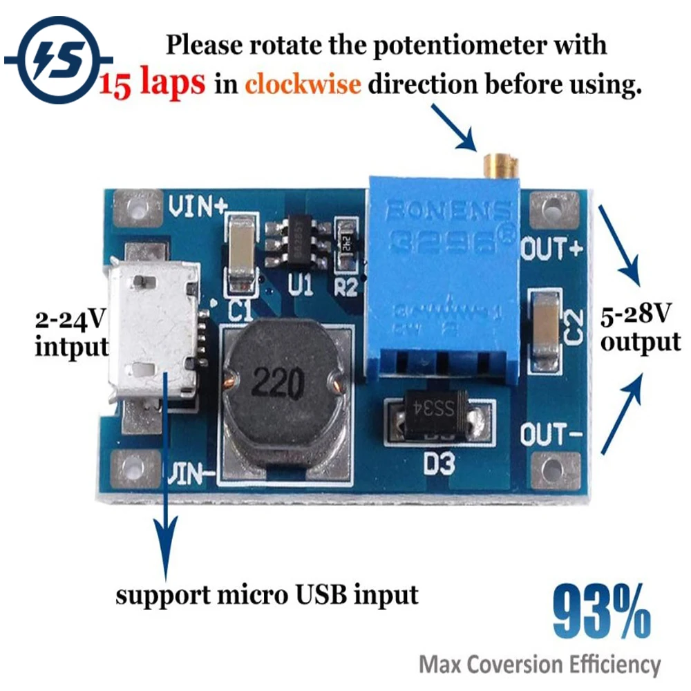 Повышающий преобразователь MT3608 Mico USB DC 2 в 24 до 5 28 2A модуль регулятора напряжения 3