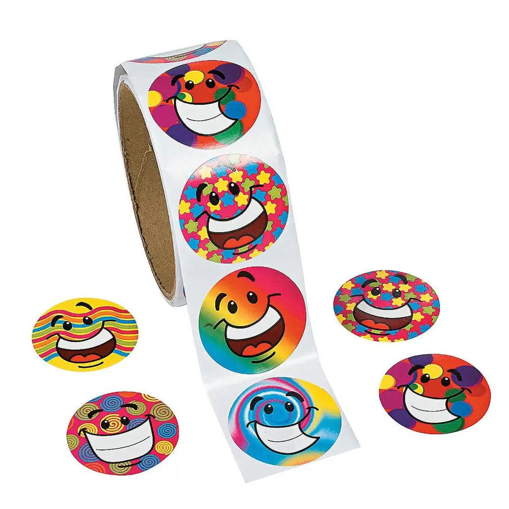

100pcs/1 smile face roll reward stickers roll kids sticker scrapbooking star 3D cartoon characters funny Toys for Children