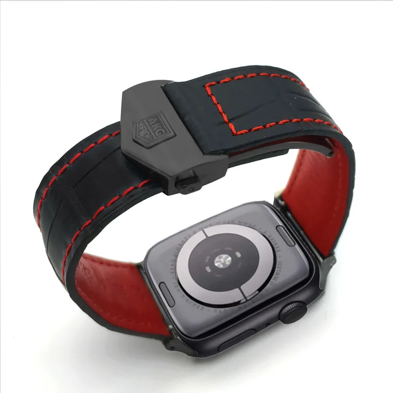 EYWBKRE-BK AKGLEADER ремешок для наручных часов для Apple Watch Series 5 4 40/44 мм Натуральная кожа Ремешок раскладывающаяся застежка Браслет для Apple iWatch, версия 3, 2, 42 мм - Цвет ремешка: EYWBKRE-BK