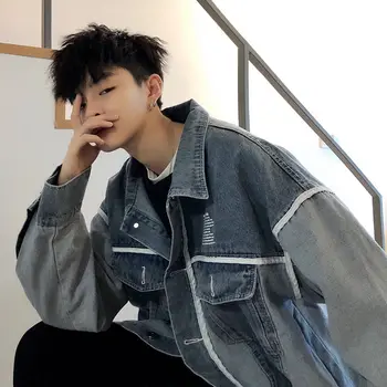 

Denim jacket male ins stitching old port style autumn thin section raw edge denim student casual loose jacket