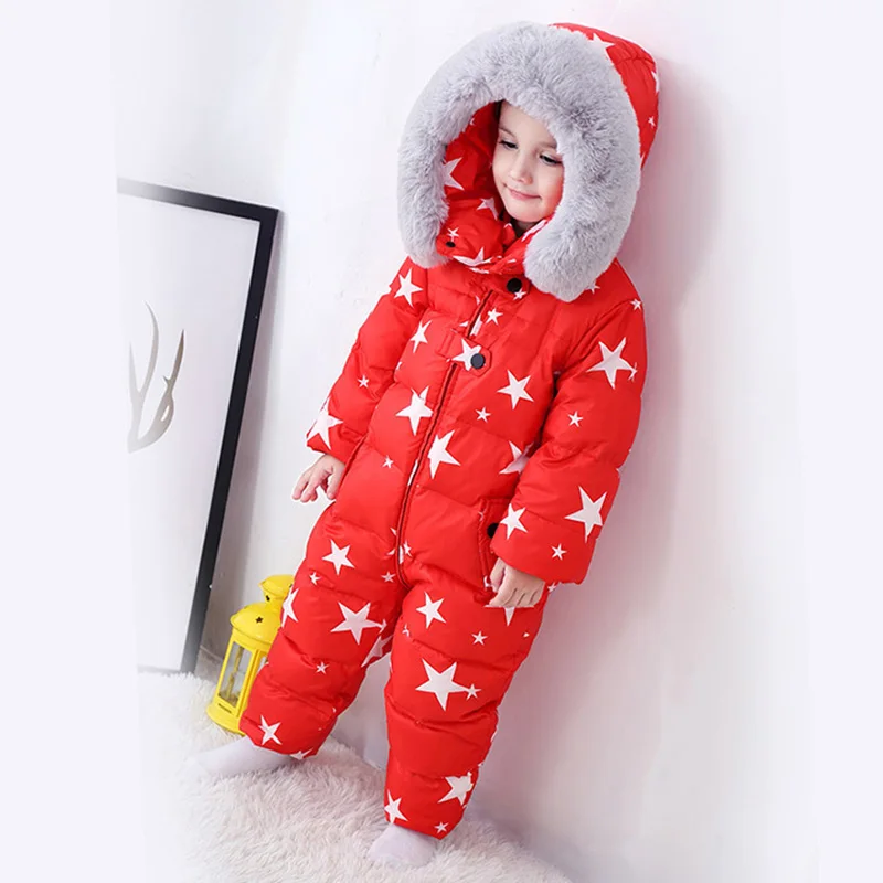 Russian Winter Kids Baby Snowsuit Fleece Liner Thick Warm Down Rompers Hooded Toddler Boys Girls Winter Jacket Ski Suit Outdoor - Цвет: Красный