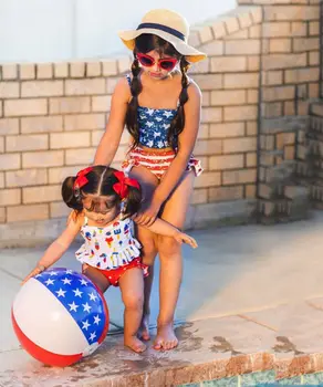 

2020 Independence Day Festival Costume Girl Stars & Striped Swimwear Swimsuit Sleeveless Crop Top +Ruffle Shorts Bathing Suit