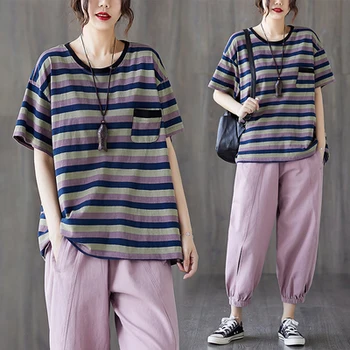 

2020 New Large Loose Casual Art Colorful Striped Short Sleeve Tshirt Aesthetic Tops Korean Women Tops Woman Clothes Shirts