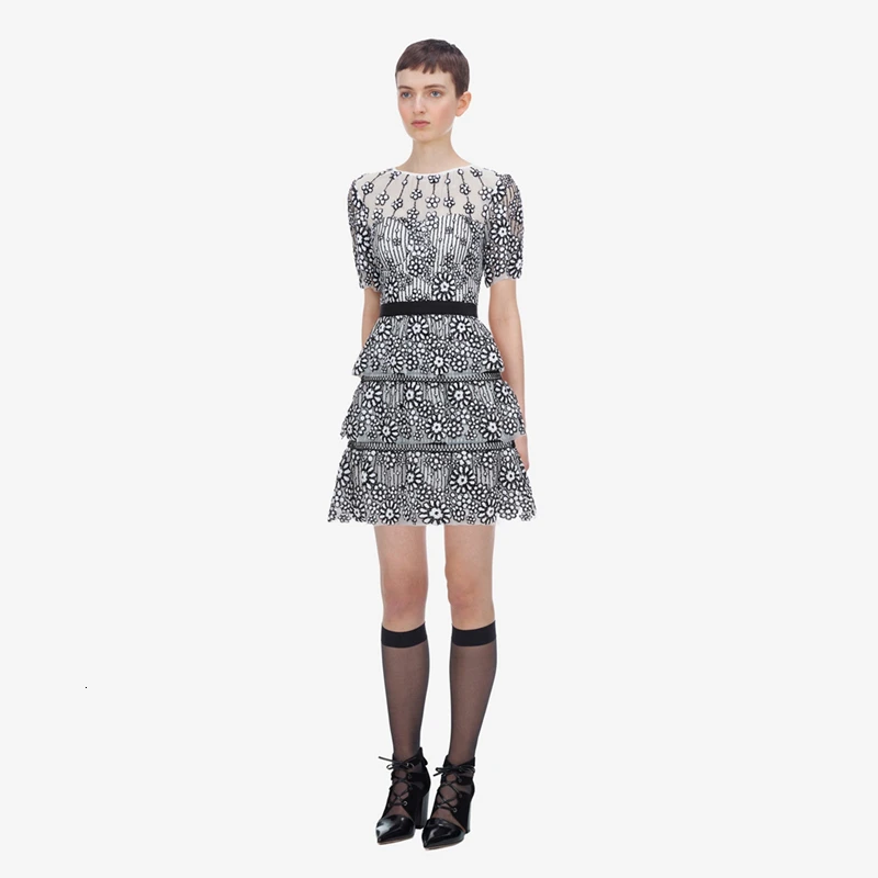 Self-Portrait Long Sleeve Floral Embroidery Mesh Mini Dress Women Autumn O-Neck High Waist Layer Ruffles Party Dresses