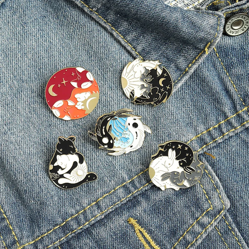 

Trio of Fox Rabbit Enamel Pin Day and Night Hugging Fox /Rabbit/Fish Brooches Lover Gift Yin Yang Sleeping Animals Brooch Pin