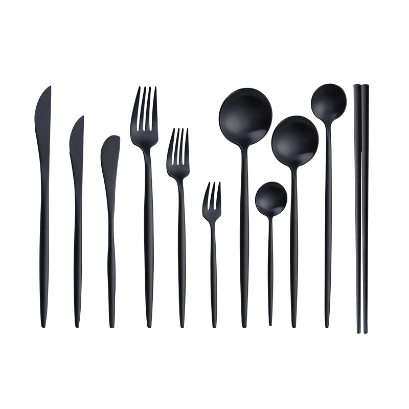

4Pcs Black Cutlery Set Matte Stainless Steel Dinner Dinnerware Set Chopsticks Dessert Dinner Tea Spoon Fork Knife Tableware Set