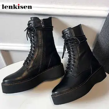 

Lenkisen genuine leather round toe high heels cross-tied motorcycle boots waterproof thick bottom black color mid-calf boots L83