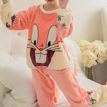 

Cute Warm Flannel Women Pyjamas Sets Thick Coral Velvet Long Sleeve Cartoon Sleepwear Thin Flannel Pajamas Set For Girl
